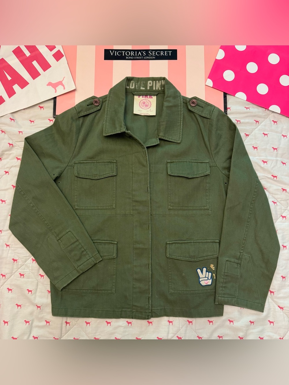 VS PINK VINTAGE Y2K 2006 CARGO MILITARY JACKET COAT UNIVERSITY 86 PEACE RARE LG